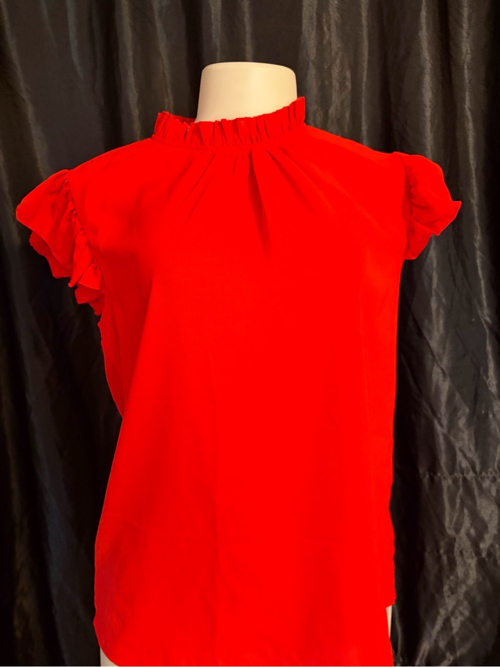 Ruffled Mock-Neck Red Blouse - Elegant Flutter Sleeves